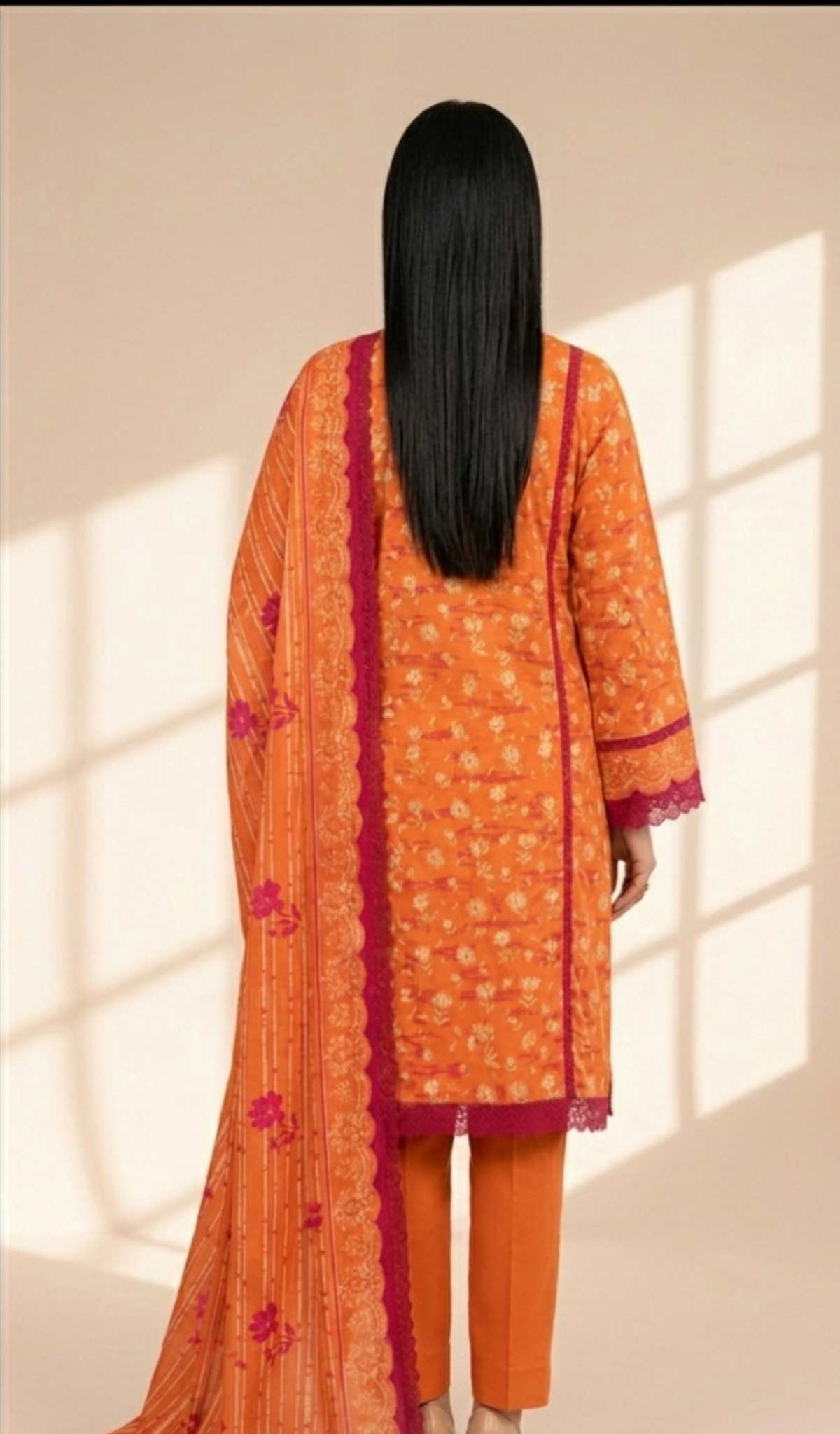 Sunset Bloom Orange 3-Piece Printed Lawn Suit with Dupatta