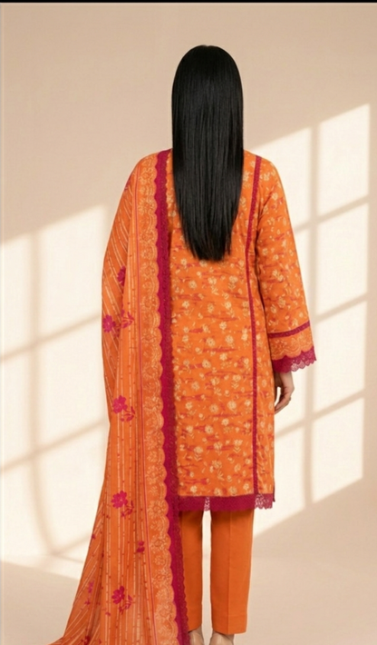 Sunset Bloom Orange 3-Piece Printed Lawn Suit with Dupatta