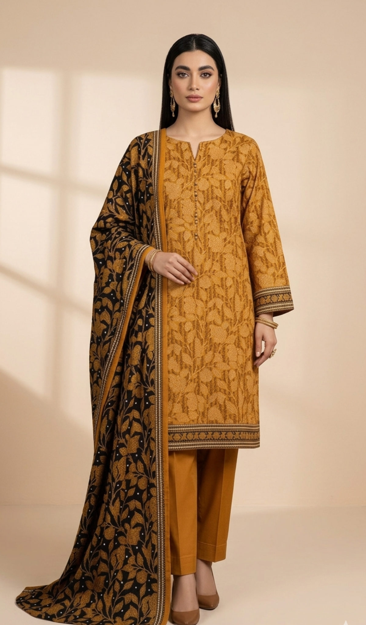 Golden Harvest Mustard 3-Piece Printed Lawn Suit with Floral Dupatta
