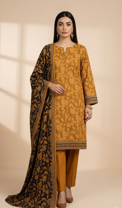 Golden Harvest Mustard 3-Piece Printed Lawn Suit with Floral Dupatta