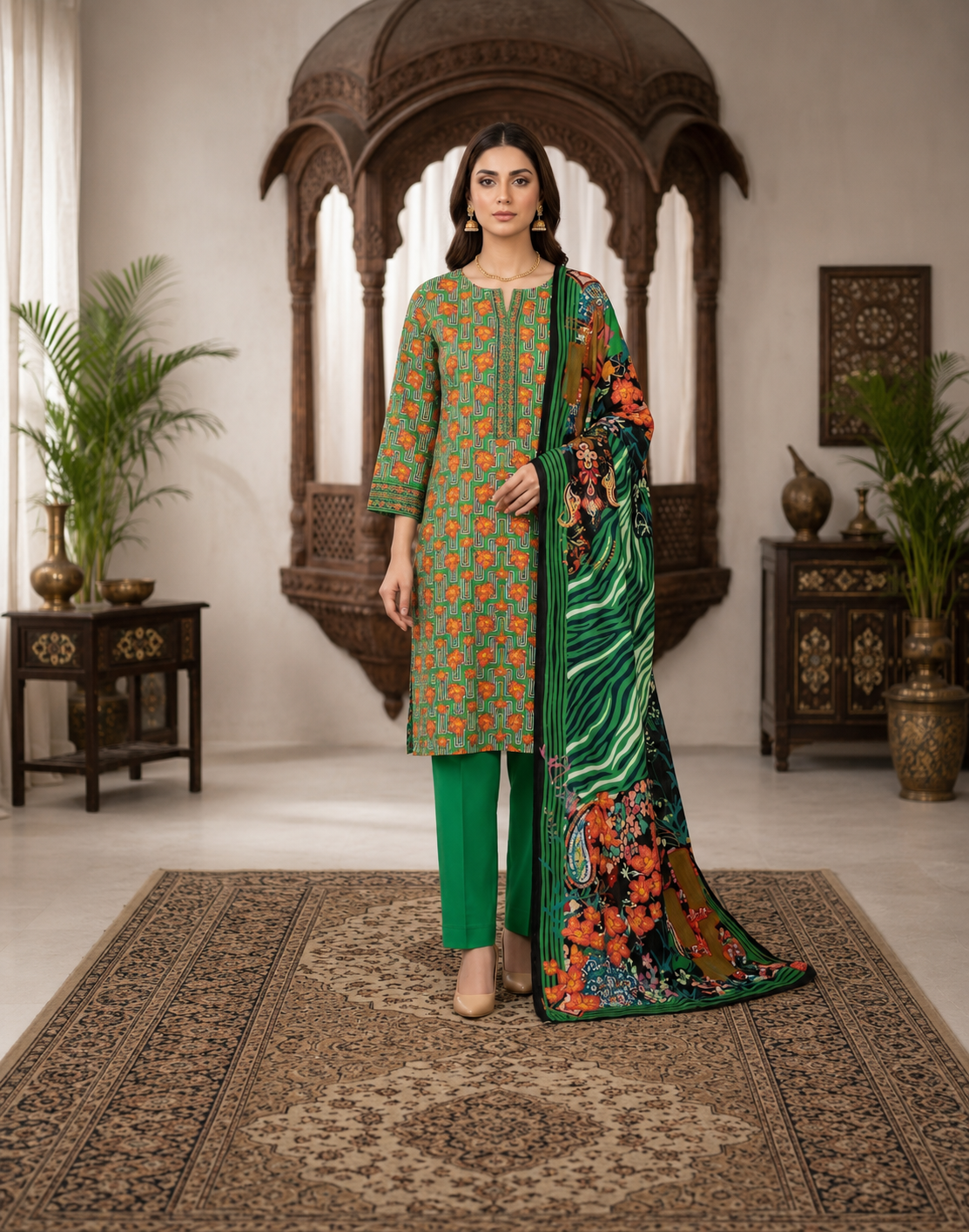 Emerald Bloom Printed Lawn 3-Piece Suit with Statement Floral Dupatta