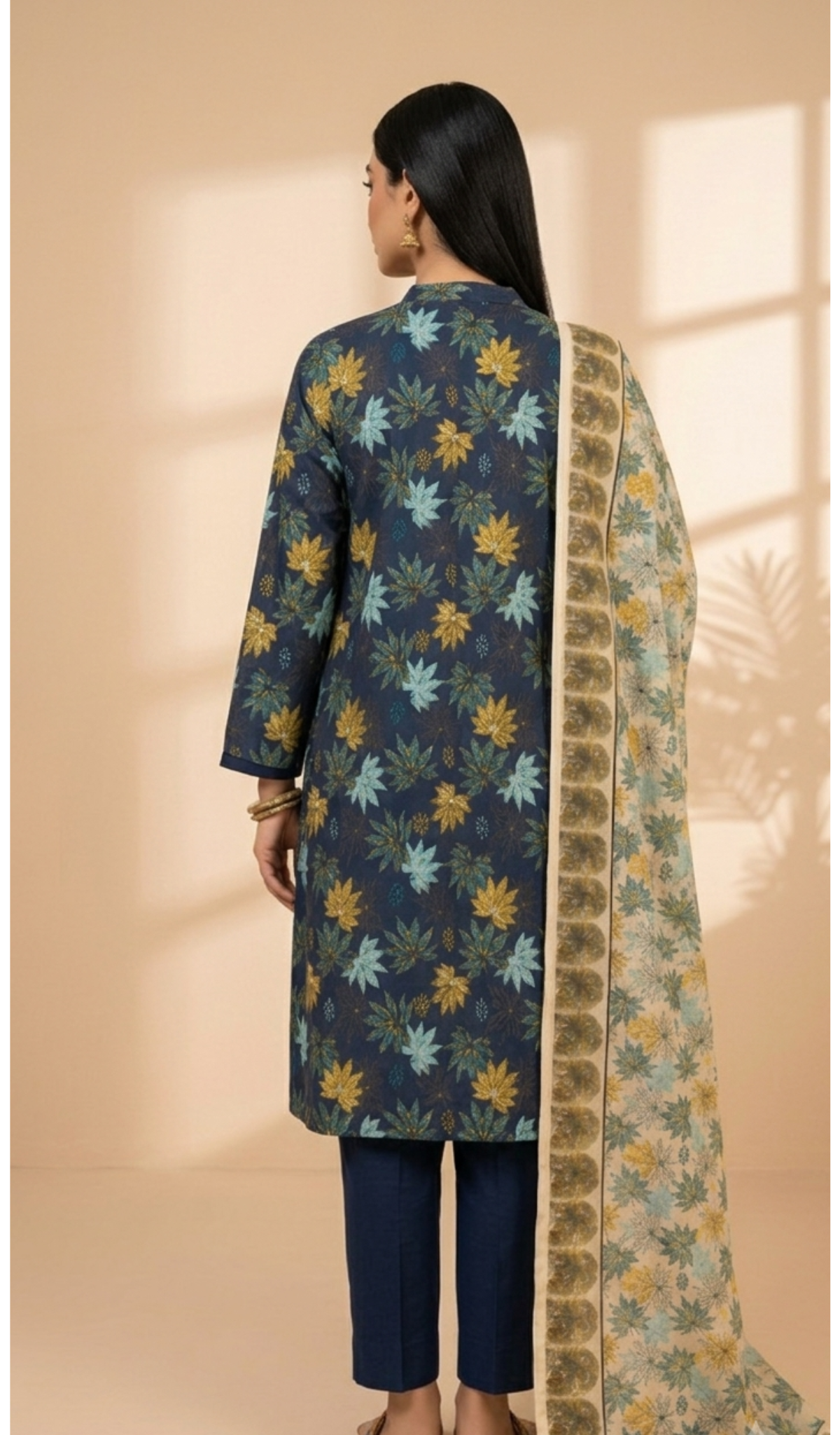 Midnight Bloom Printed Lawn 3-Piece Suit with Floral Dupatta