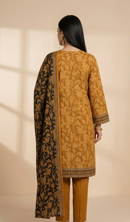 Golden Harvest Mustard 3-Piece Printed Lawn Suit with Floral Dupatta