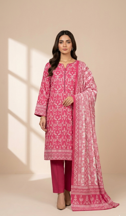Rose Blossom Pink 3-Piece Printed Lawn Suit with Dupatta