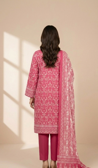Rose Blossom Pink 3-Piece Printed Lawn Suit with Dupatta