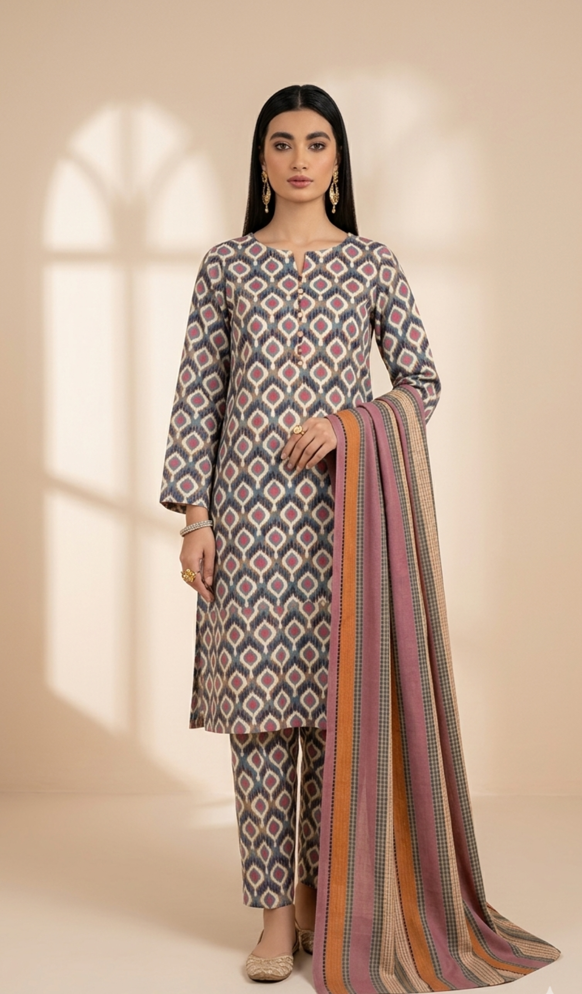 Bohemian Mosaic Printed 3-Piece Lawn Suit with Striped Dupatta