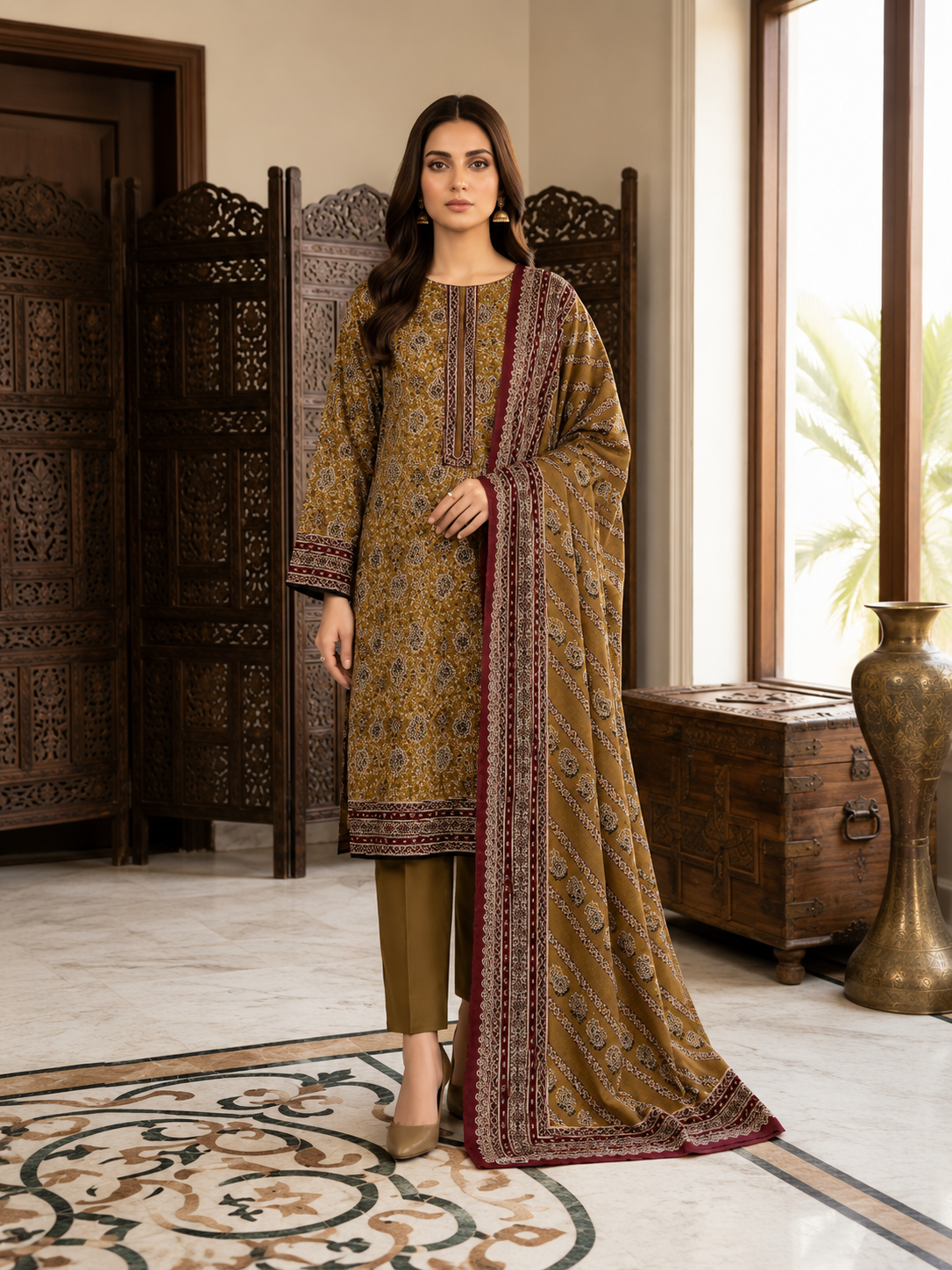 Mustard Paisley Elegance 3-Piece Printed Lawn Suit with Dupatta