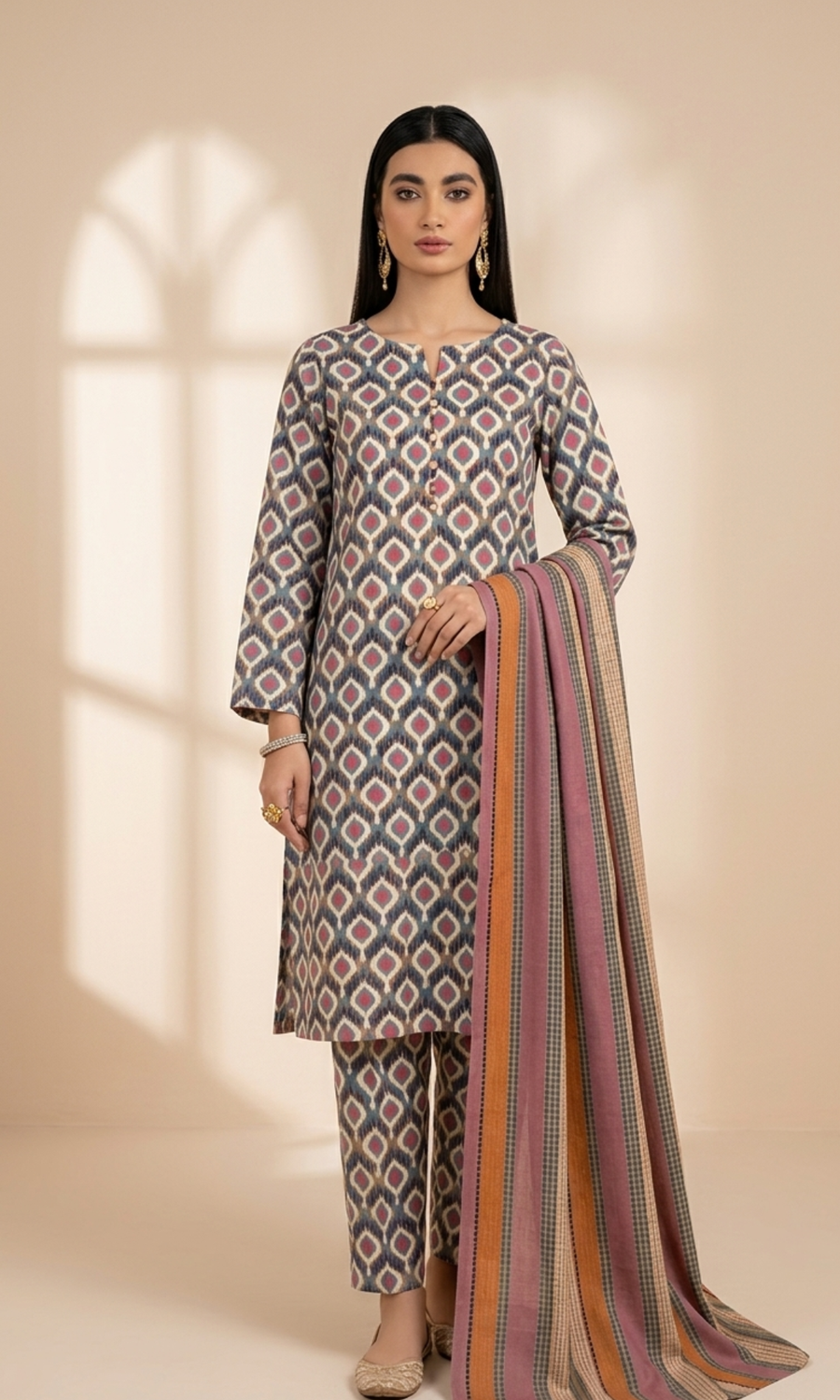 Bohemian Mosaic Printed 3-Piece Lawn Suit with Striped Dupatta