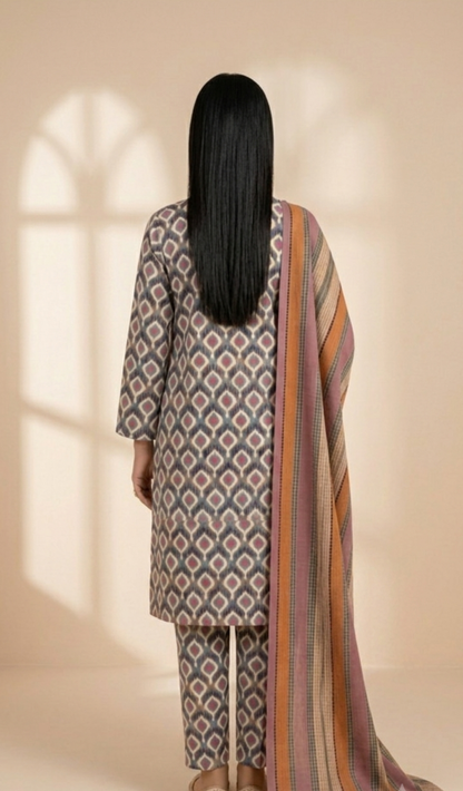 Bohemian Mosaic Printed 3-Piece Lawn Suit with Striped Dupatta