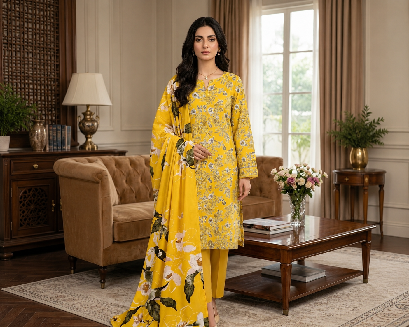 Sunshine Bloom Printed Lawn 3-Piece Suit with Statement Floral Dupatta