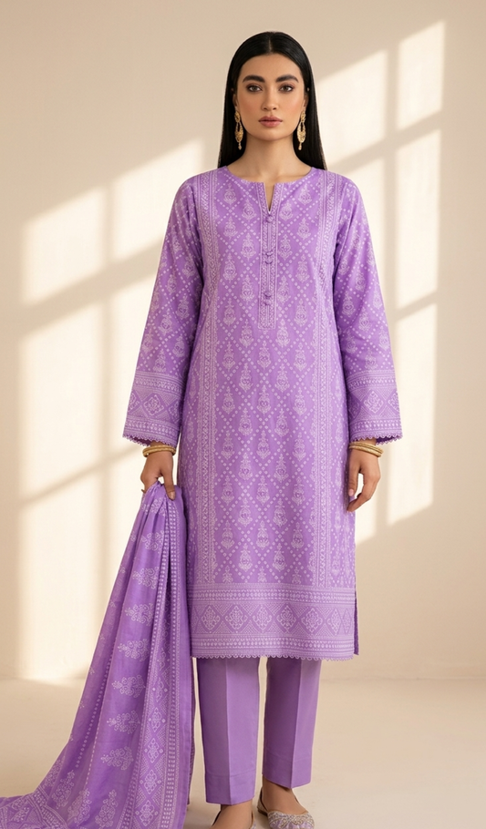 Lavender Grace Printed Lawn 3-Piece Suit with Matching Dupatta