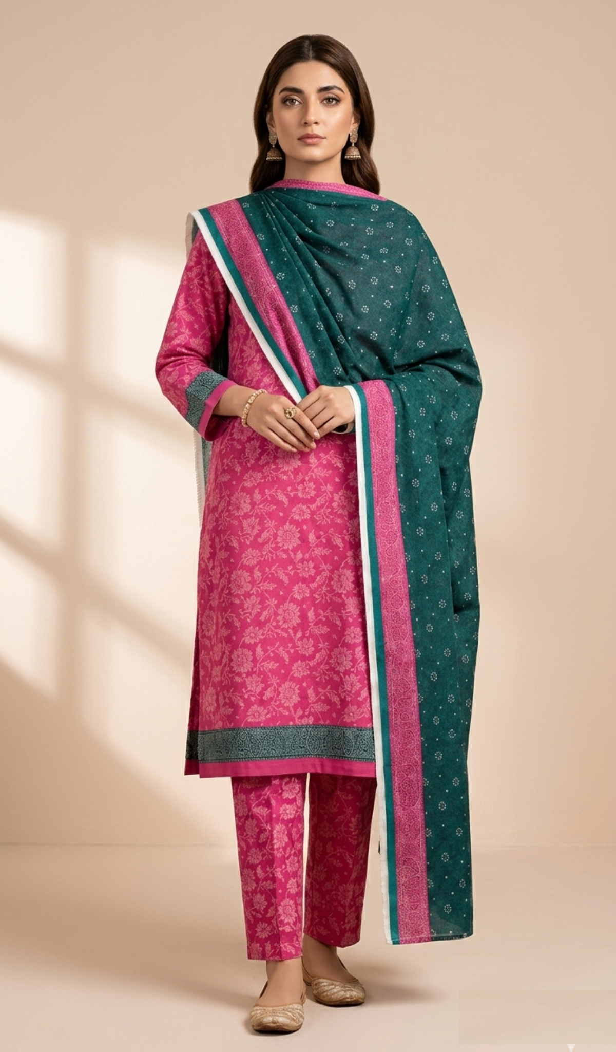 Pink Suit with Contrast Green Dupatta