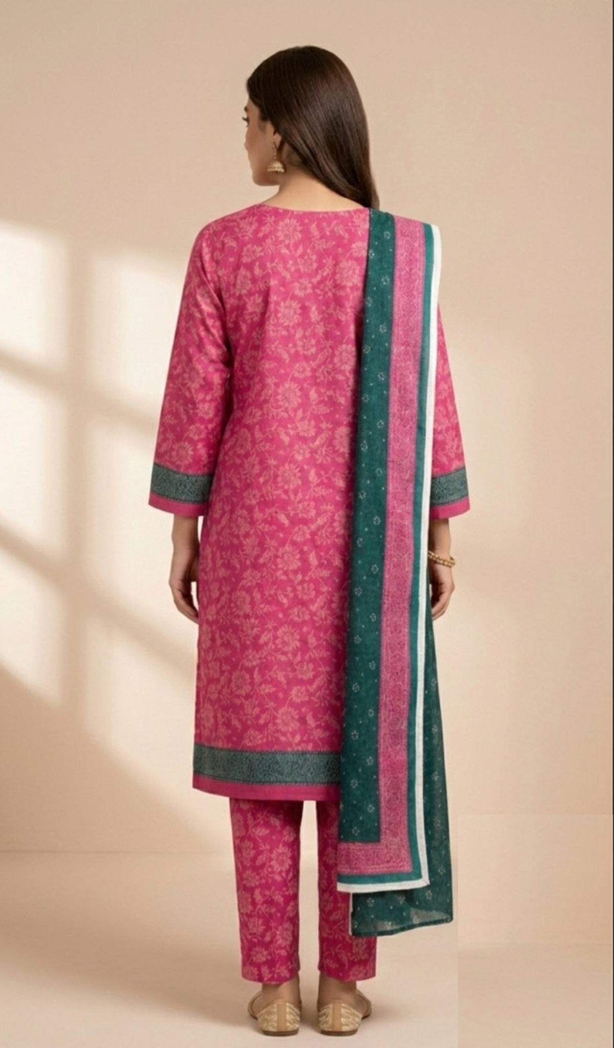 Pink Suit with Contrast Green Dupatta