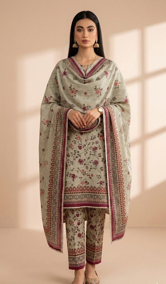 Beige & Olive Muted Floral Suit