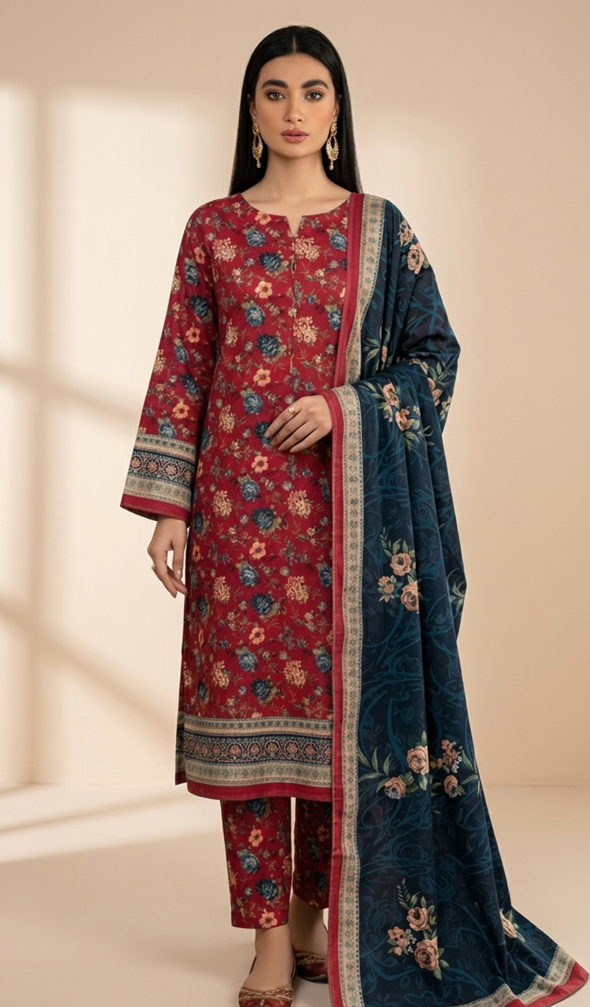Crimson Red Suit with Navy Blue Dupatta