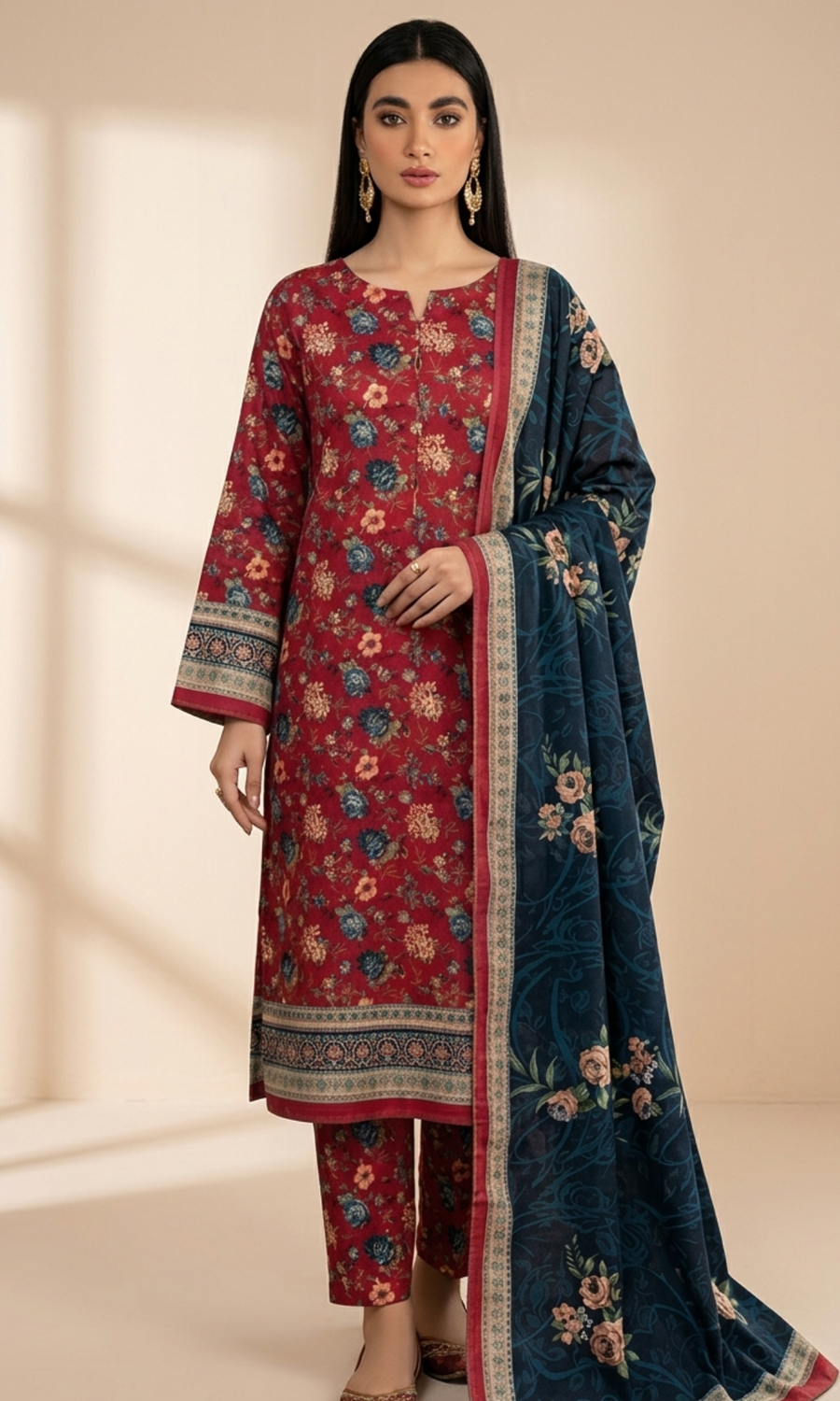 Crimson Red Suit with Navy Blue Dupatta