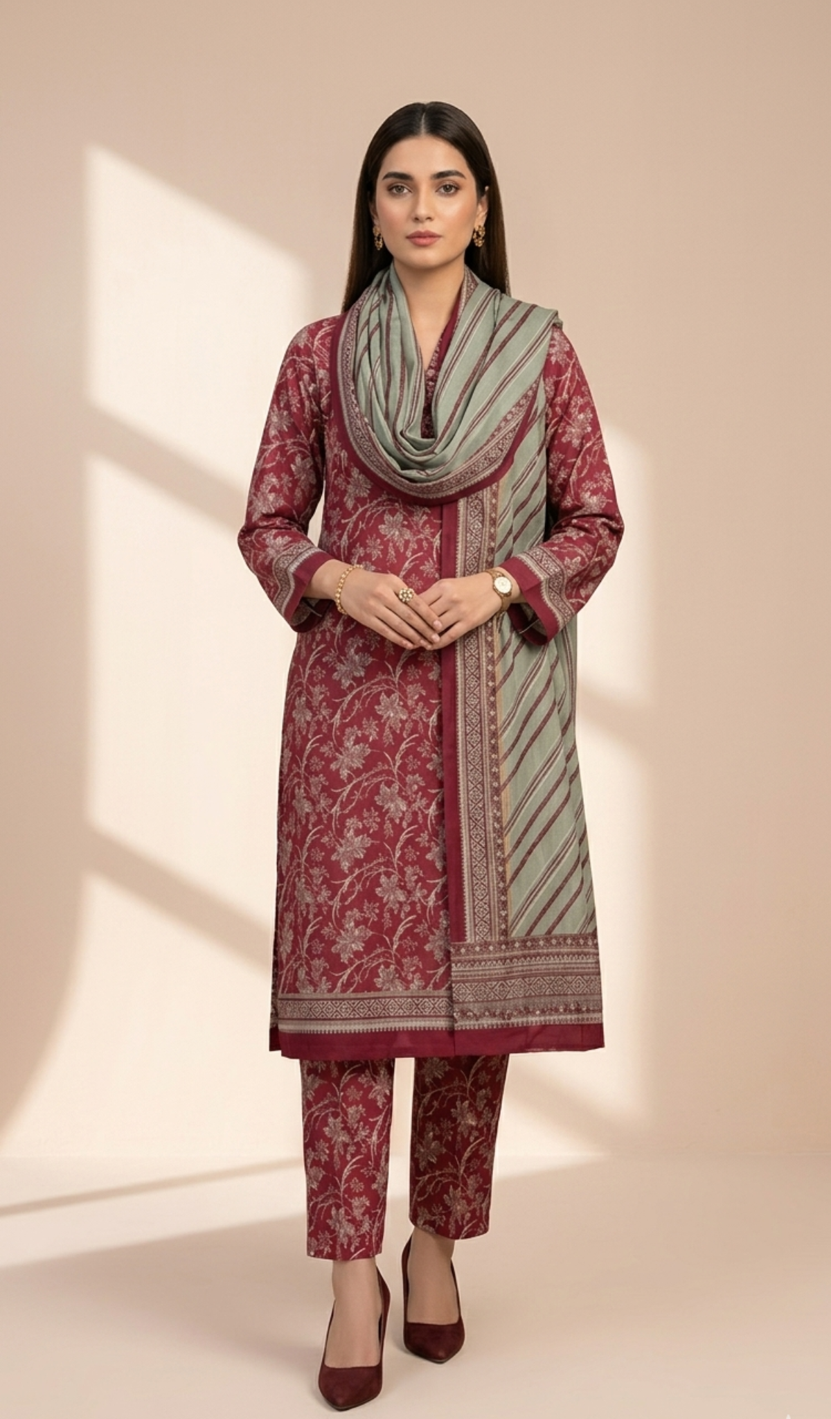Deep Maroon Suit with Striped Dupatta