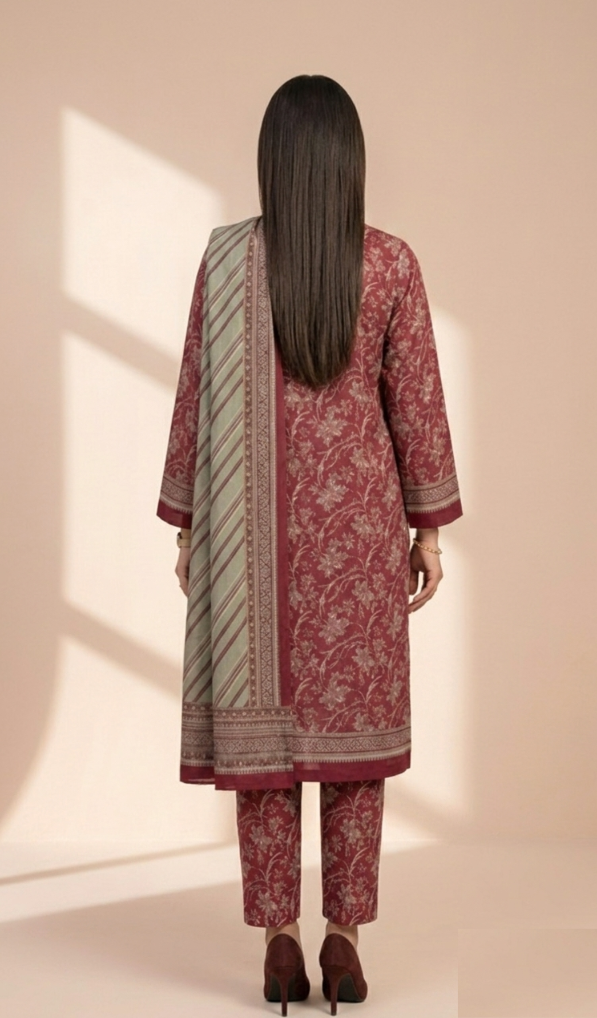 Deep Maroon Suit with Striped Dupatta