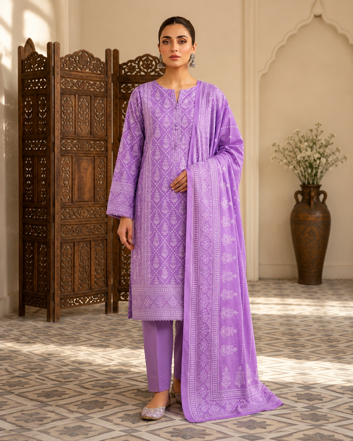 Lavender Grace Printed Lawn 3-Piece Suit with Matching Dupatta