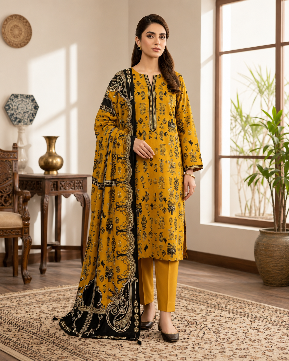 Golden Mustard Printed Lawn 3-Piece Suit with Paisley Dupatta