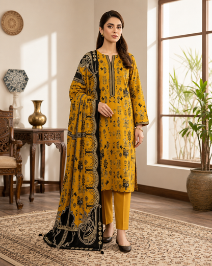 Golden Mustard Printed Lawn 3-Piece Suit with Paisley Dupatta