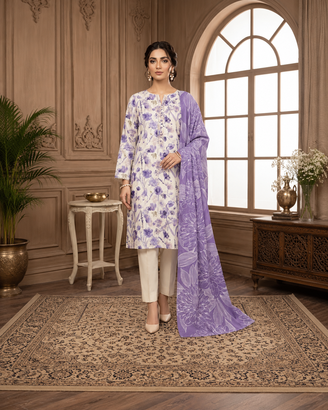 Lavender Meadow Printed Lawn 3-Piece Suit with Floral Dupatta