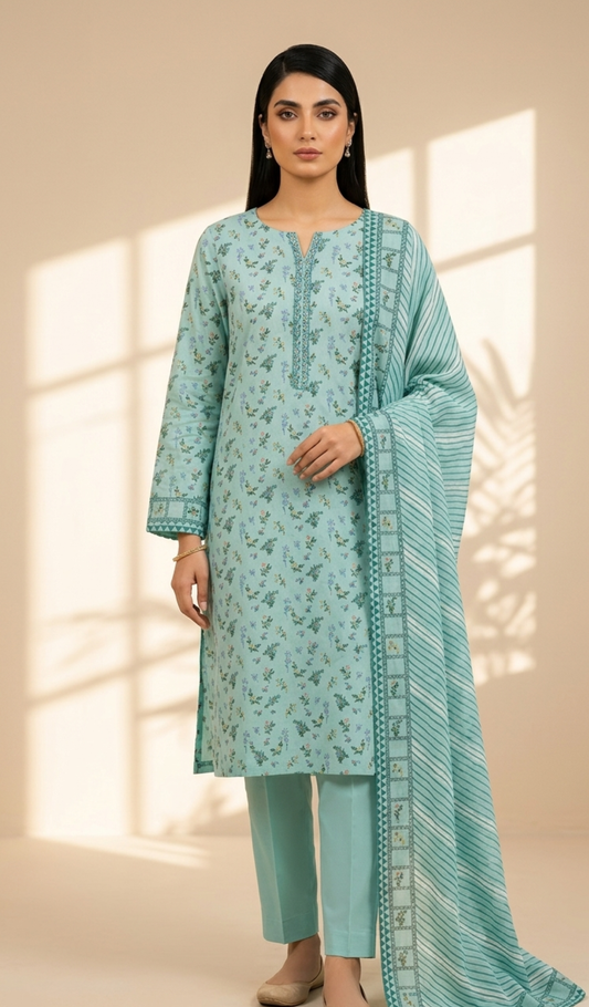 Mint Blossom Printed Lawn 3-Piece Suit with Striped Dupatta