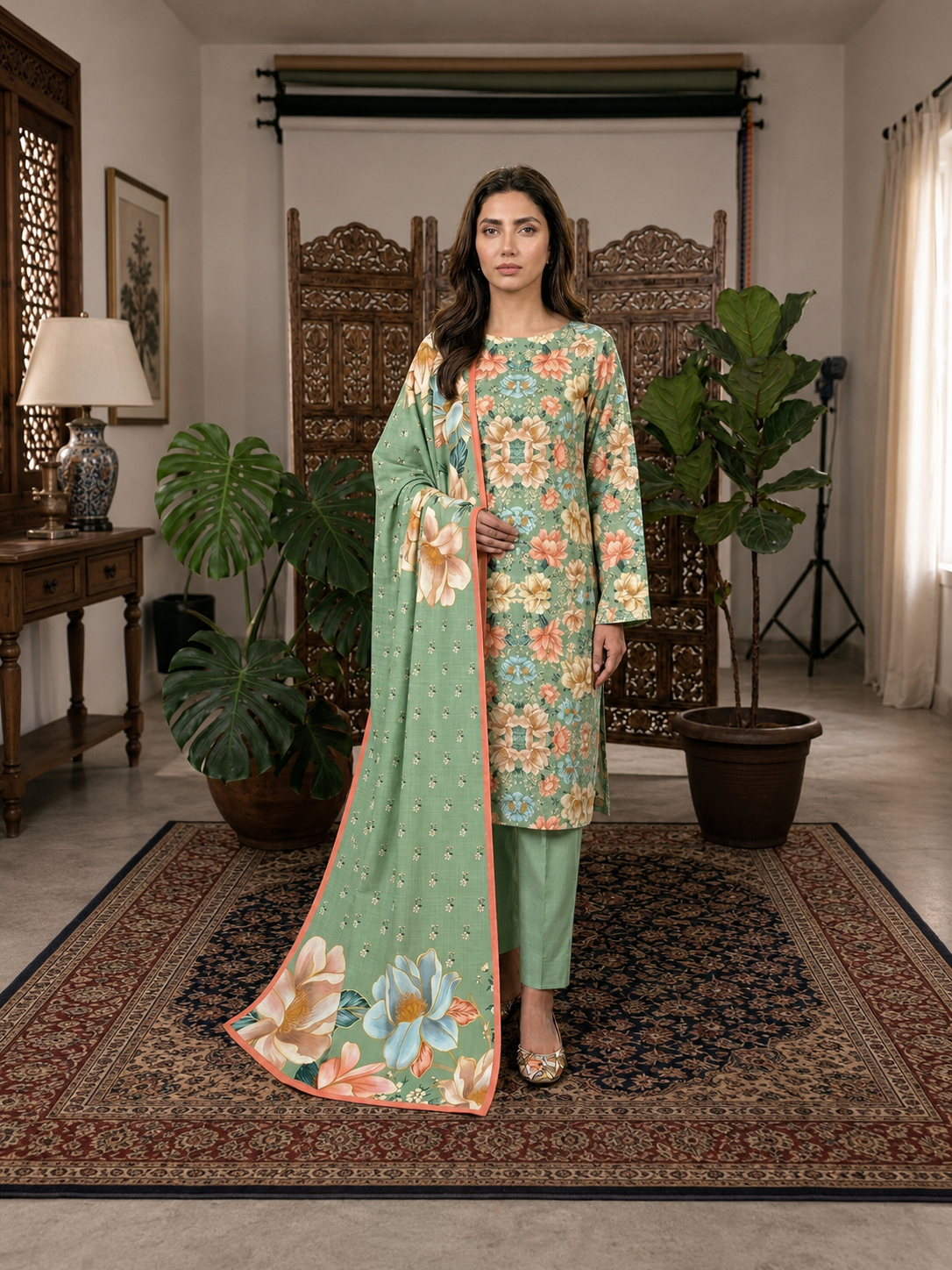 Sage Garden Floral Printed Lawn 3-Piece Suit with Statement Dupatta