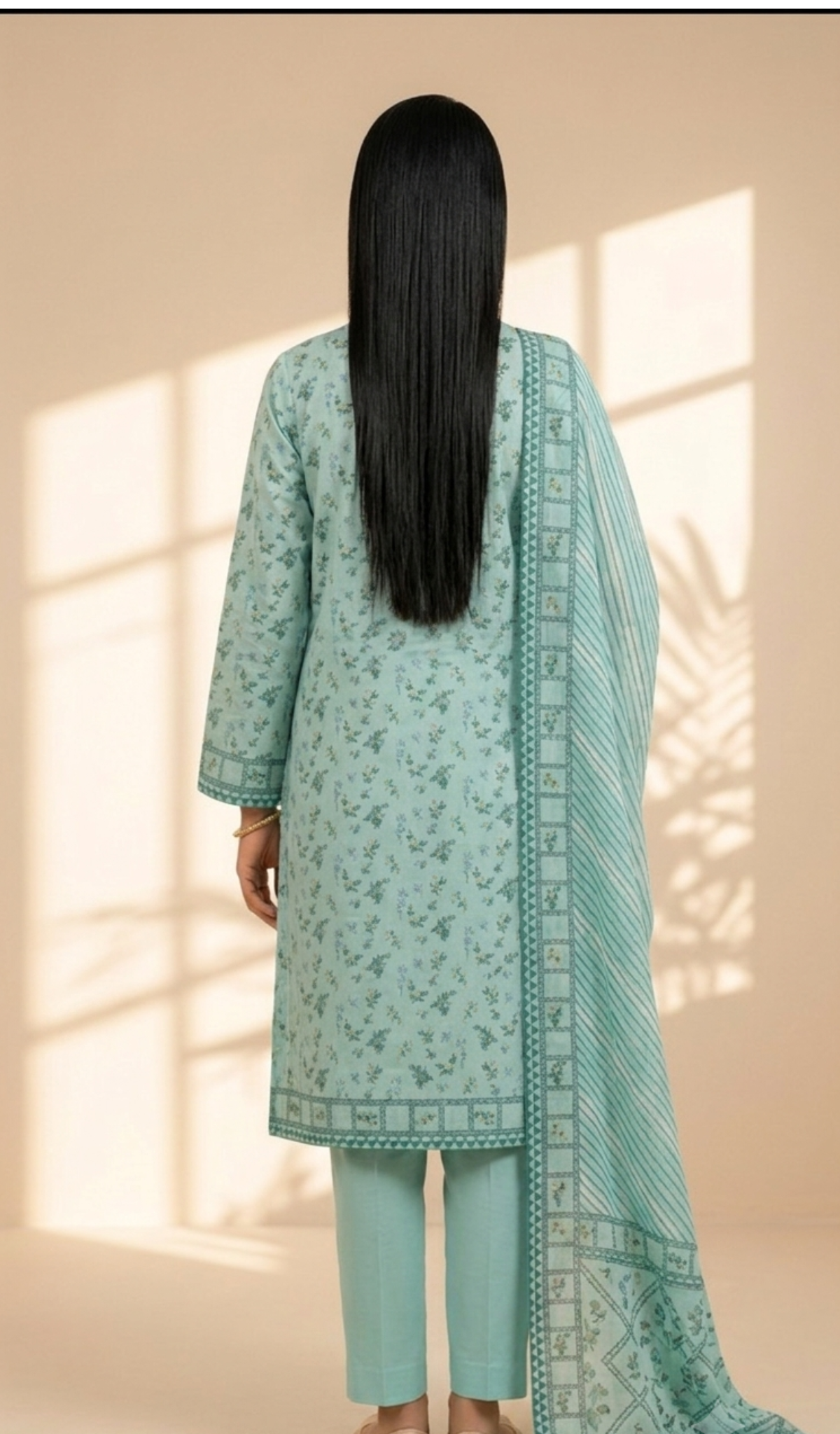 Mint Blossom Printed Lawn 3-Piece Suit with Striped Dupatta