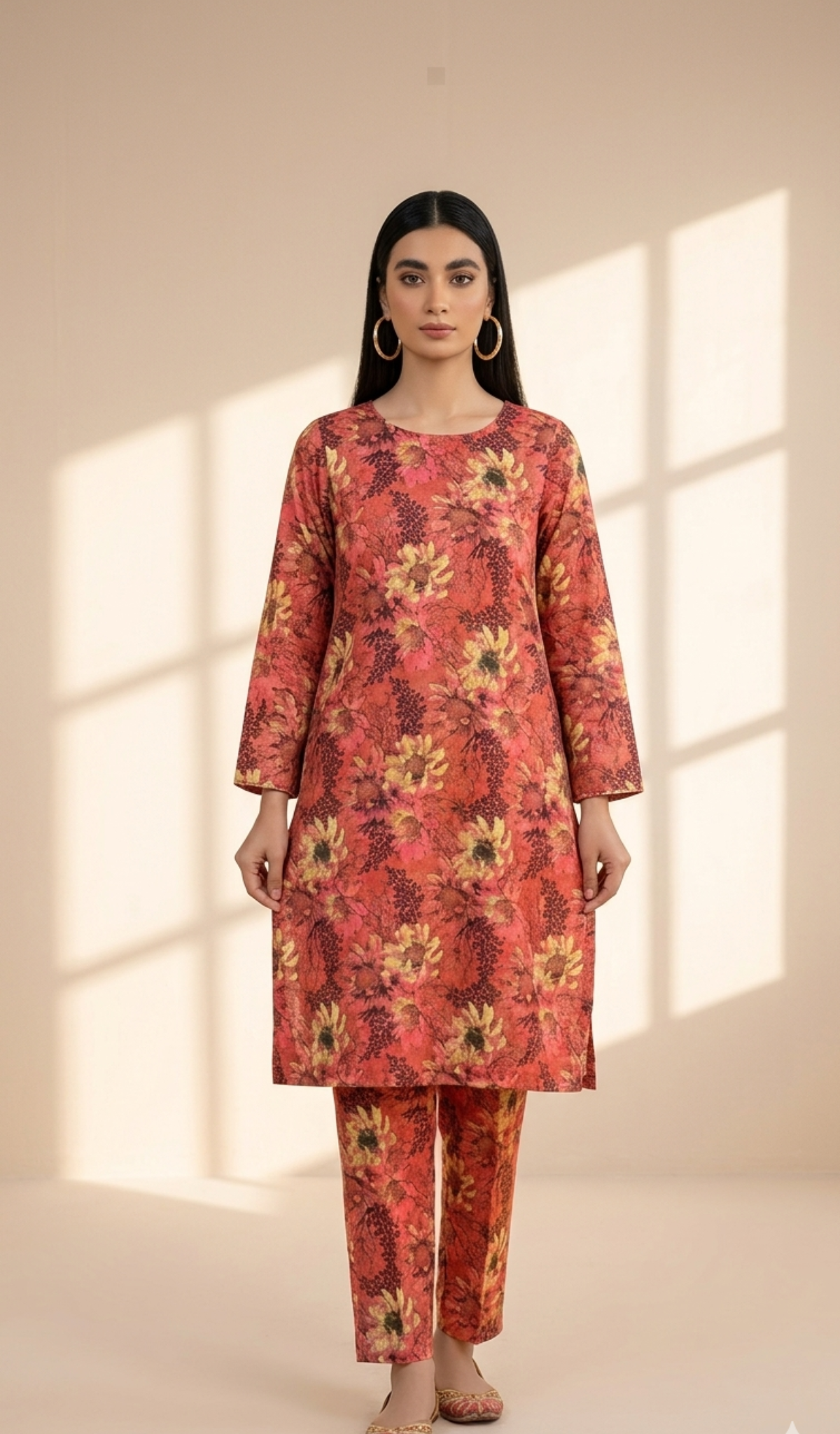 Printed 2-Piece Suit - Peach Mustard Geometric
