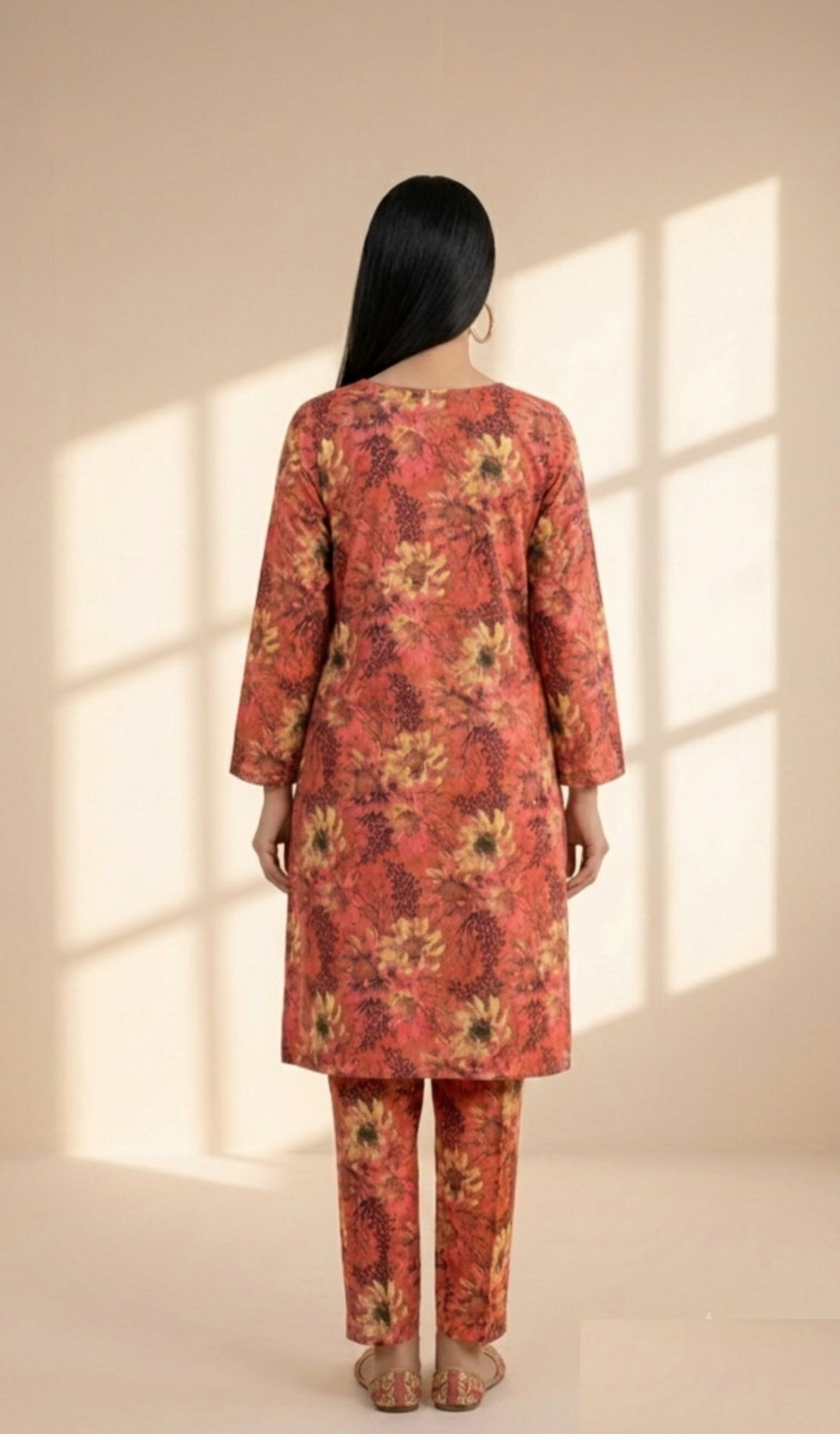 Printed 2-Piece Suit - Peach Mustard Geometric