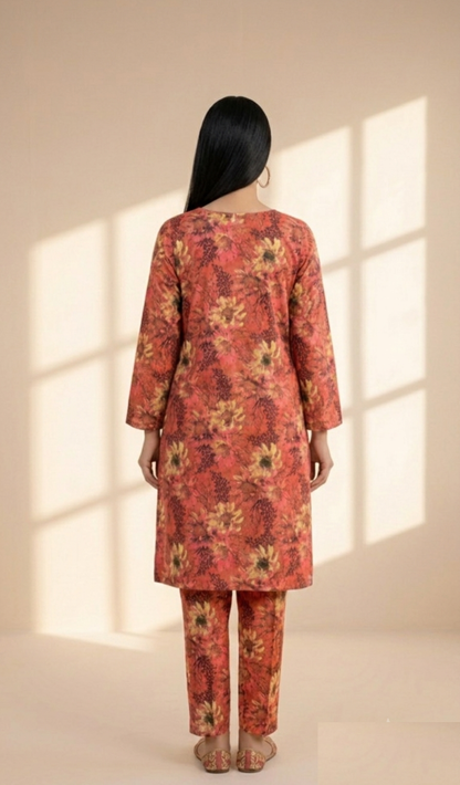 Printed 2-Piece Suit - Peach Mustard Geometric