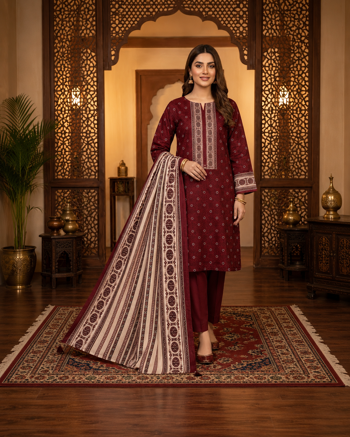 Ruby Heritage Printed Lawn 3-Piece Suit with Traditional Striped Dupatta