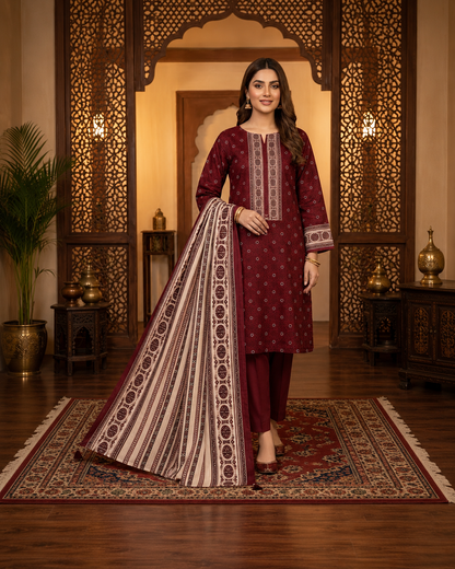 Ruby Heritage Printed Lawn 3-Piece Suit with Traditional Striped Dupatta