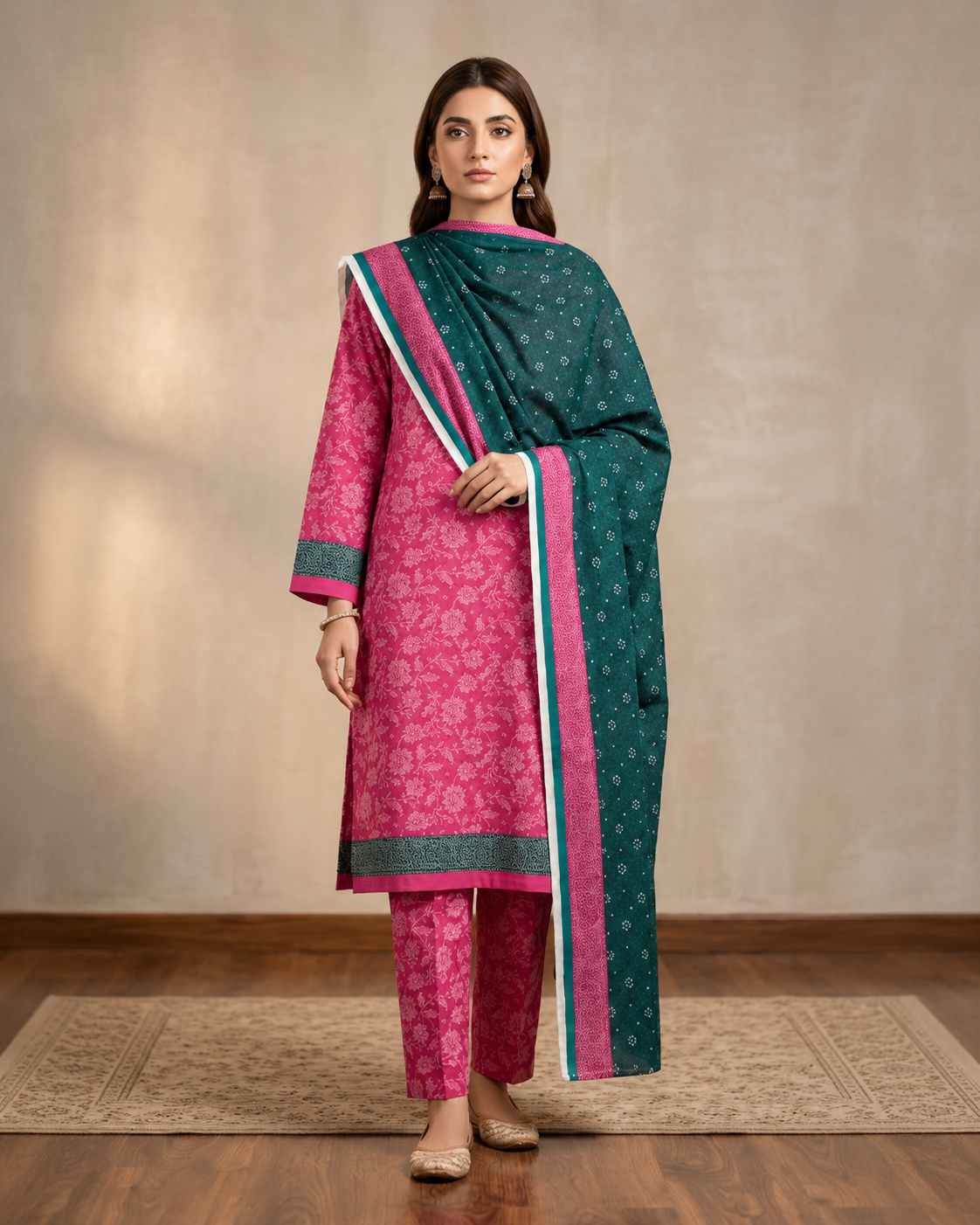 Pink Suit with Contrast Green Dupatta