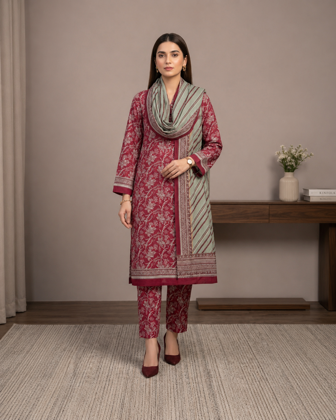 Deep Maroon Suit with Striped Dupatta