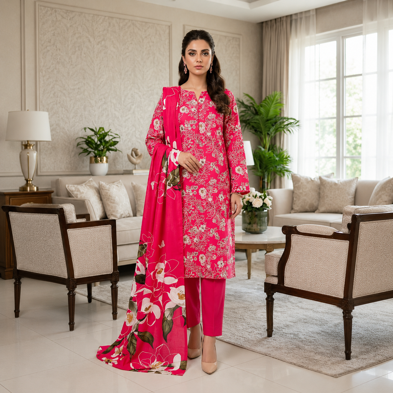 Vibrant Hot Pink Floral Suit