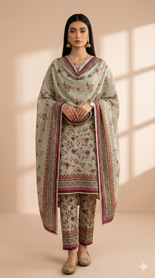 Beige & Olive Muted Floral Suit