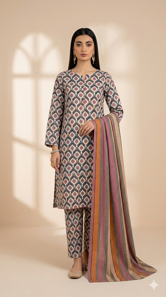 Bohemian Mosaic Printed 3-Piece Lawn Suit with Striped Dupatta