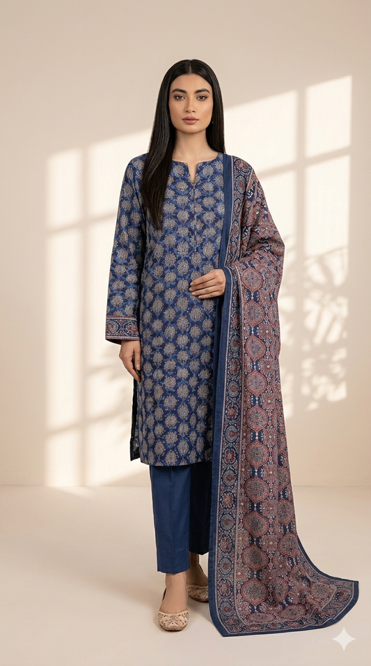 Royal Indigo Printed Lawn 3-Piece Suit with Traditional Ajrak Dupatta
