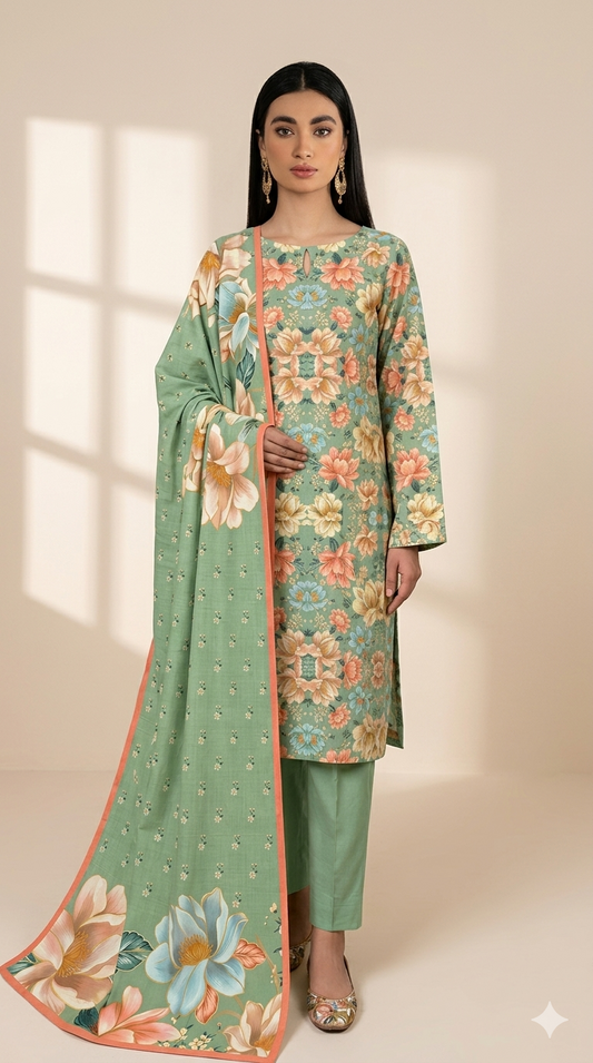 Sage Garden Floral Printed Lawn 3-Piece Suit with Statement Dupatta
