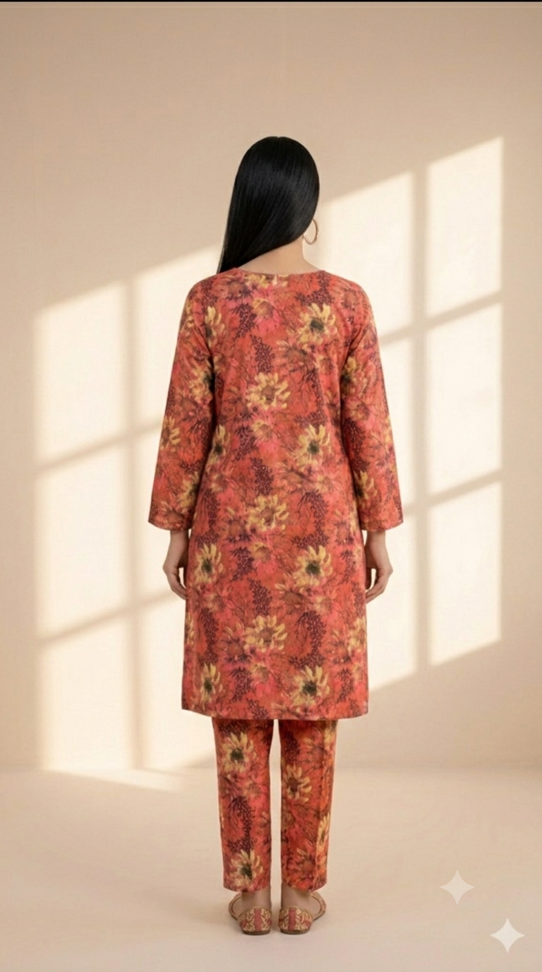 Printed 2-Piece Suit - Peach Mustard Geometric
