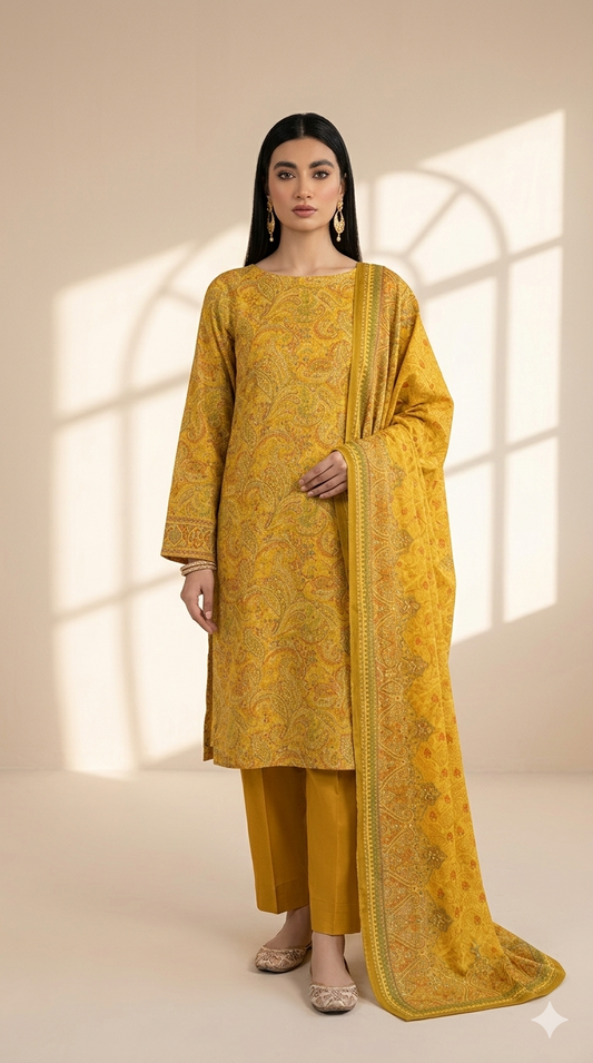 Sunlit Mustard Paisley Printed Lawn 3-Piece Suit with Matching Dupatta