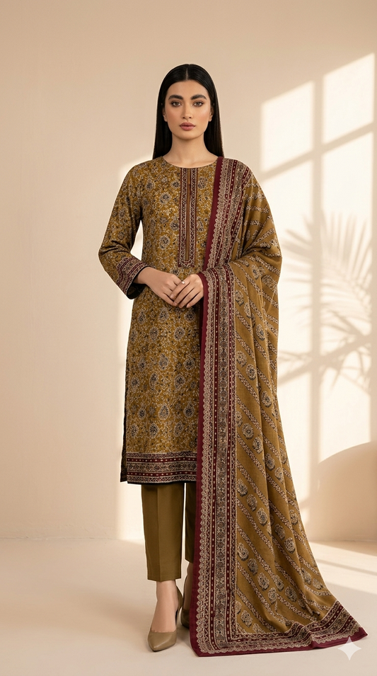 Mustard Paisley Elegance 3-Piece Printed Lawn Suit with Dupatta