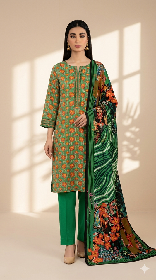 Emerald Bloom Printed Lawn 3-Piece Suit with Statement Floral Dupatta