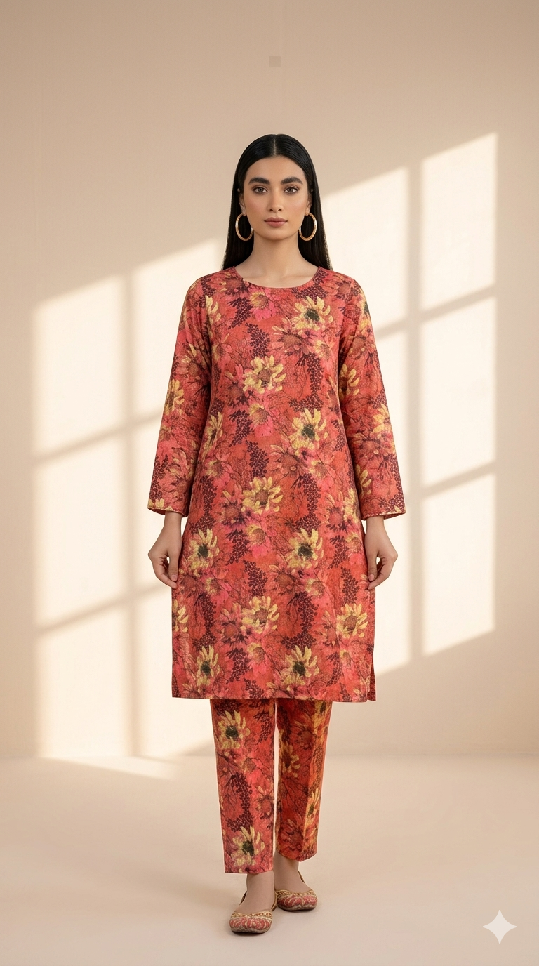 Printed 2-Piece Suit - Peach Mustard Geometric