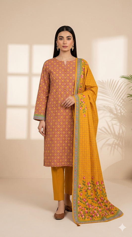 Golden Petal Printed Lawn 3-Piece Suit with Floral Dupatta