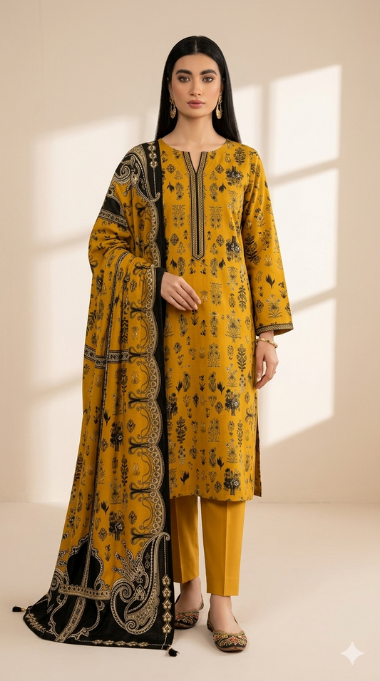 Golden Mustard Printed Lawn 3-Piece Suit with Paisley Dupatta