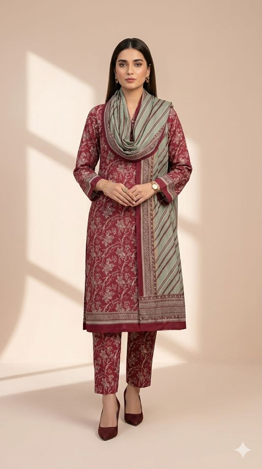 Deep Maroon Suit with Striped Dupatta