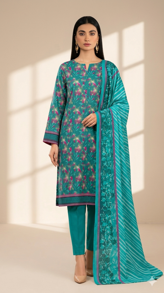 Turquoise Blossom Printed Lawn 3-Piece Suit with Striped Dupatta